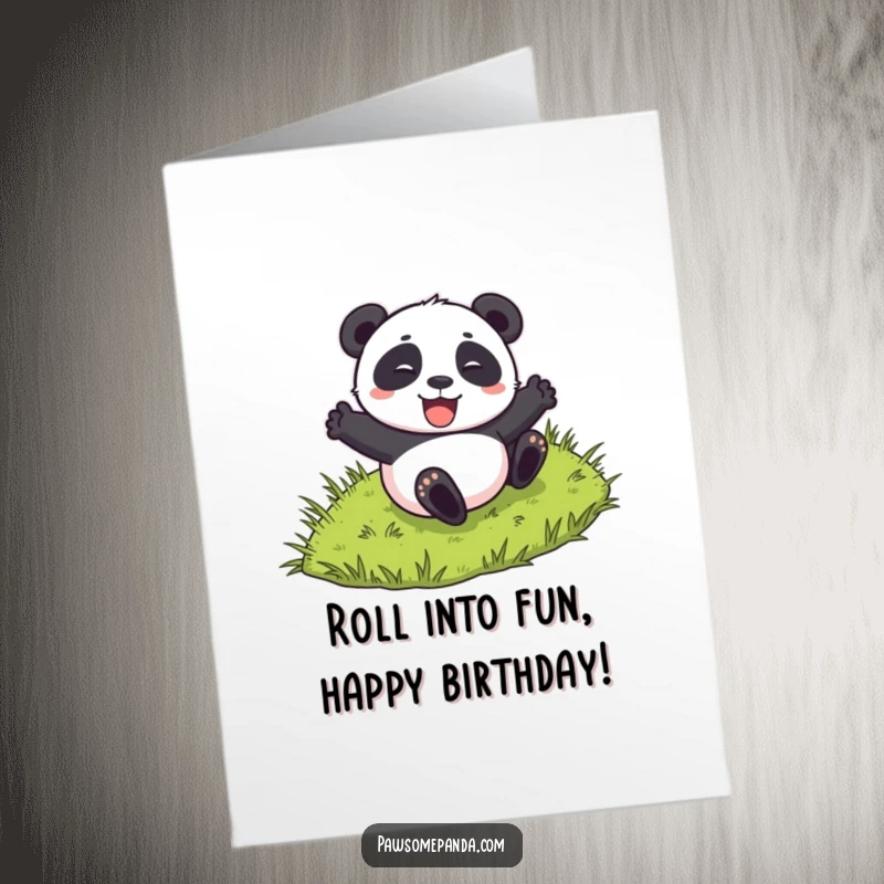 Funny Free Printable Birthday Card: A happy panda character enthusiastically rolling down a lush green grassy hill.