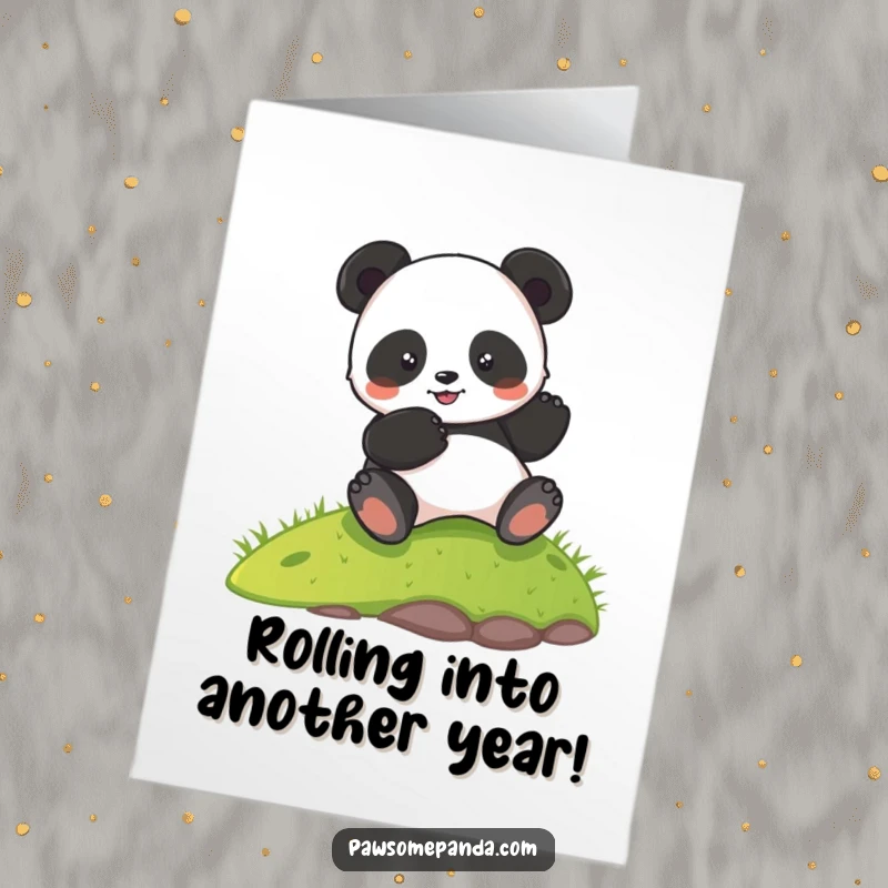 Funny Free Printable Birthday Card: A cute panda character joyfully rolling down a green grassy hill, spreading birthday cheer.