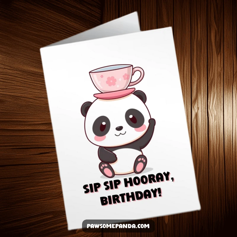 Funny Free Printable Birthday Card: A panda attempts to balance a teacup precariously on its head with a silly grin.