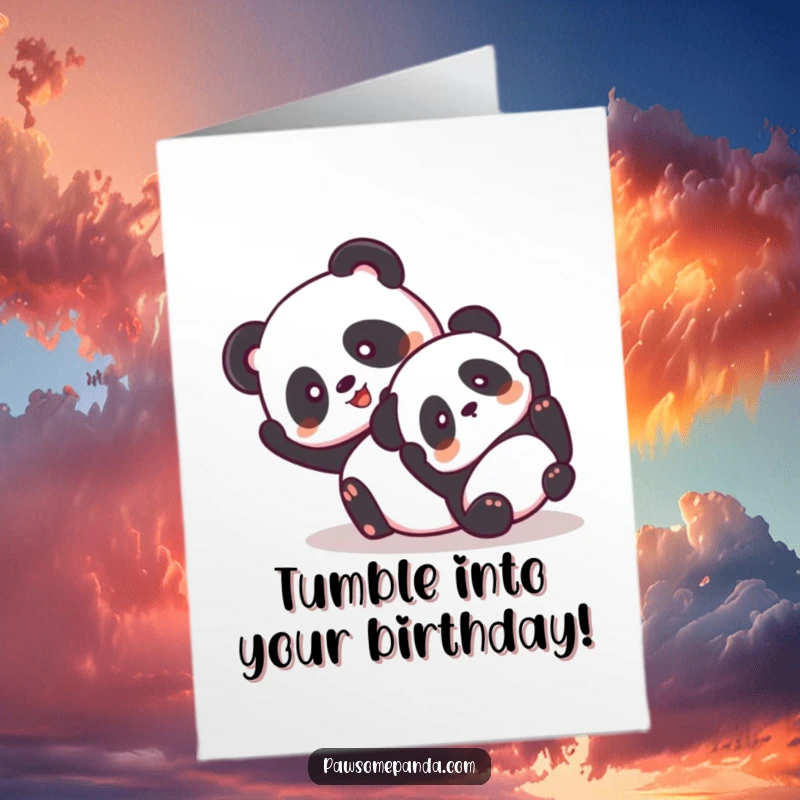 Funny Free Printable Birthday Card: Two giddy pandas tumbling playfully together with big smiles. Joyful and energetic downloadable greeting.