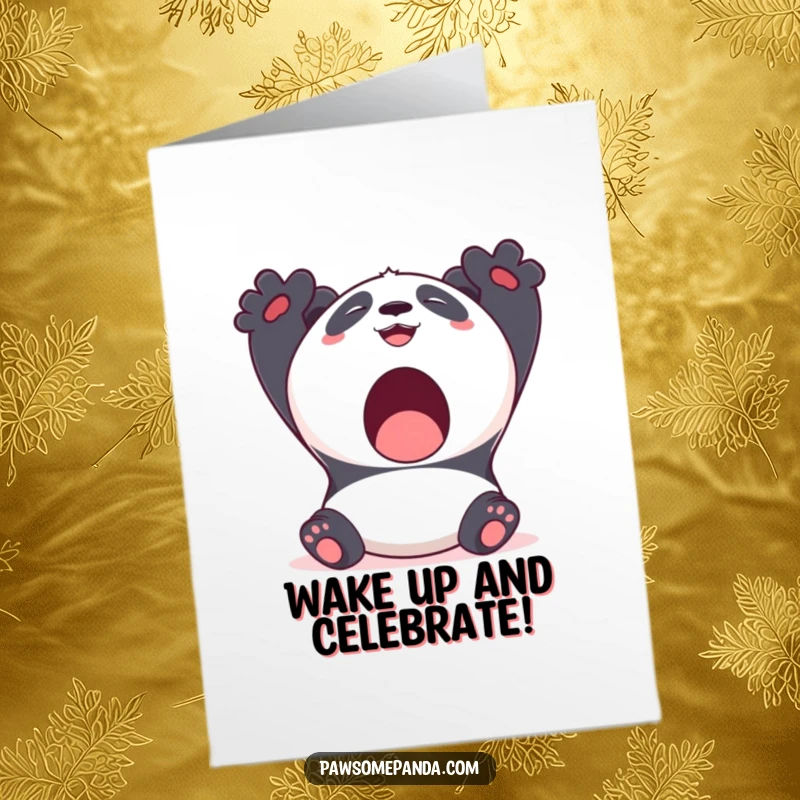 Funny free printable birthday card, a kawaii panda bear stretching with a big yawn and a content smile, radiating relaxation.