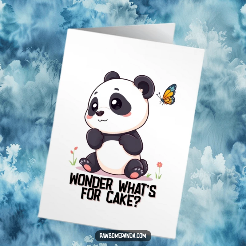 Funny Free Printable Birthday Card featuring a curious panda tilting its head, captivated by a butterfly.