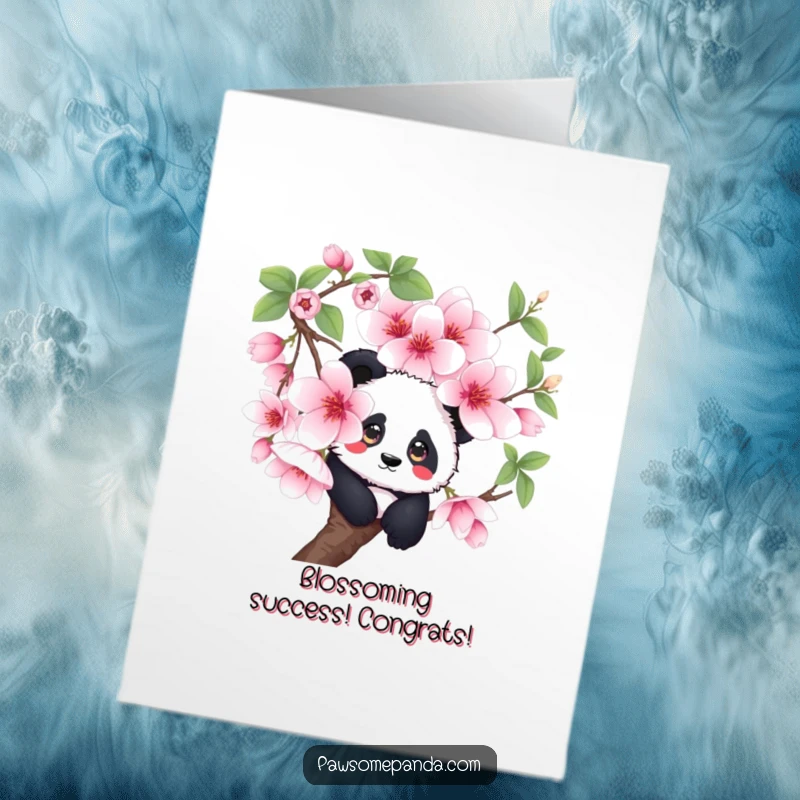 Funny free printable congratulations card: a curious panda peeking from behind a large cherry blossom, celebrating success with charm.