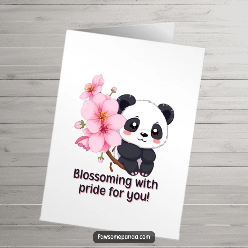 Free Printable Congratulations Card: Cute panda peeking from behind a blooming cherry blossom, a charming downloadable greeting.