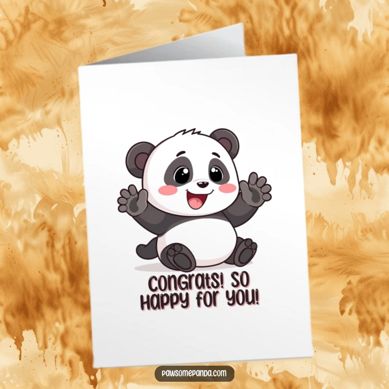Funny Free Printable Congratulations Card: A beaming panda waves enthusiastically, sharing joy for your wonderful news.