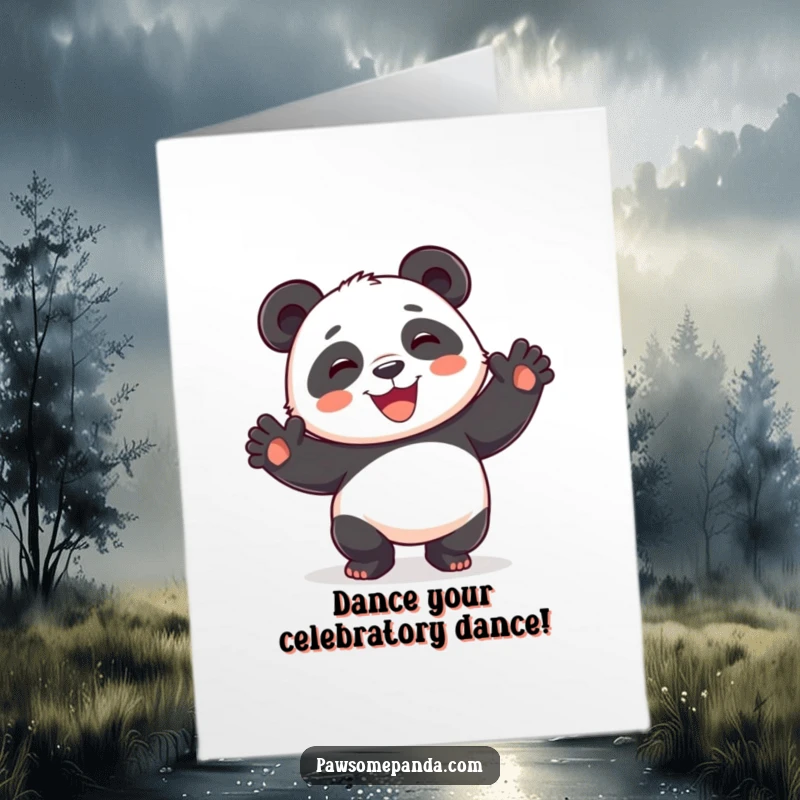 Funny free printable congratulations card: a playful panda dances joyfully with paws up and a huge smile, celebrating a win.