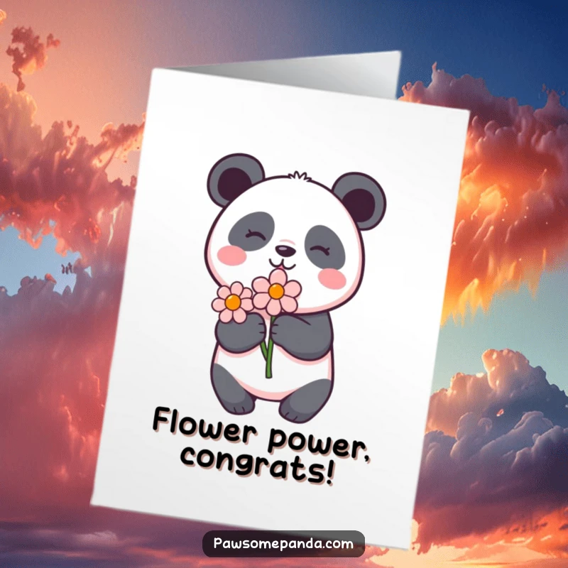 Funny Free Printable Congratulations Card: a panda delightedly holding a flower, symbolizing growth and achievement.