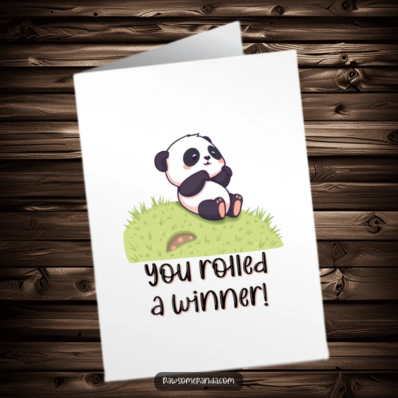 Funny Free Printable Congratulations Card: A joyful panda tumbles down a hill, celebrating your amazing achievement.