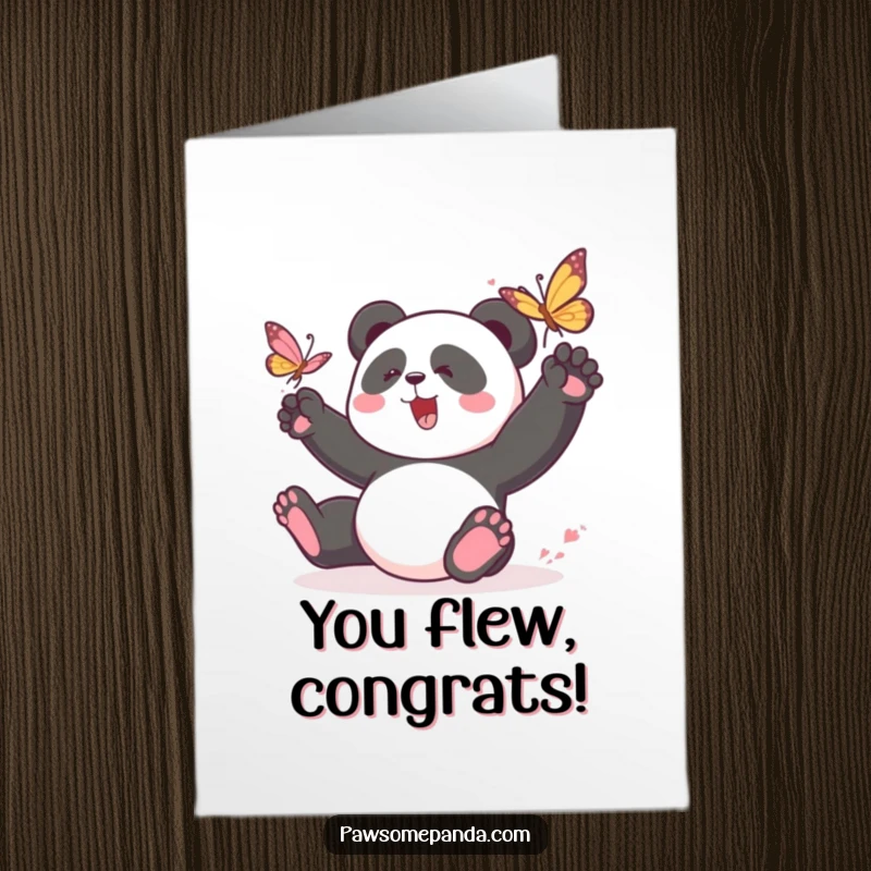 Funny Free Printable Congratulations Card: a panda in playful pursuit of a butterfly, symbolizing joy in achievement.