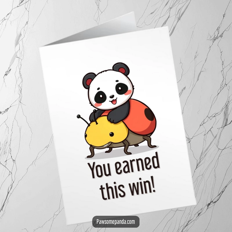 Funny Free Printable Congratulations Card: Cheerful panda riding a friendly ladybug, a whimsical and comical way to say congrats.