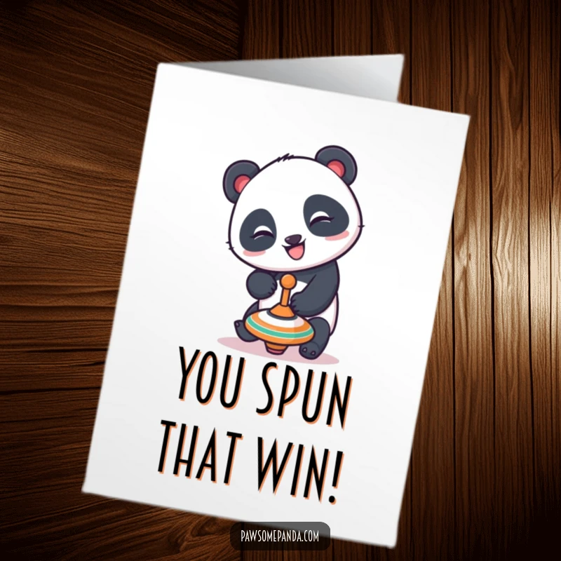 Free Printable Congratulations Card: A mischievous panda attempts to balance a spinning top, a fun downloadable card for achievements.
