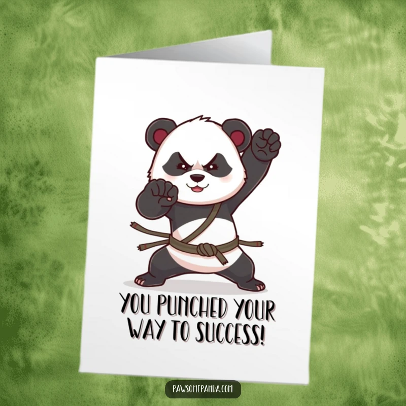 Funny Free Printable Congratulations Card: A determined panda strikes a powerful martial arts pose in celebration of your success.