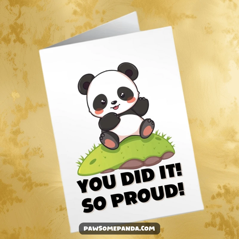 Funny Free Printable Congratulations Card: A cheerful panda character gleefully rolling down a grassy slope to celebrate achievements.
