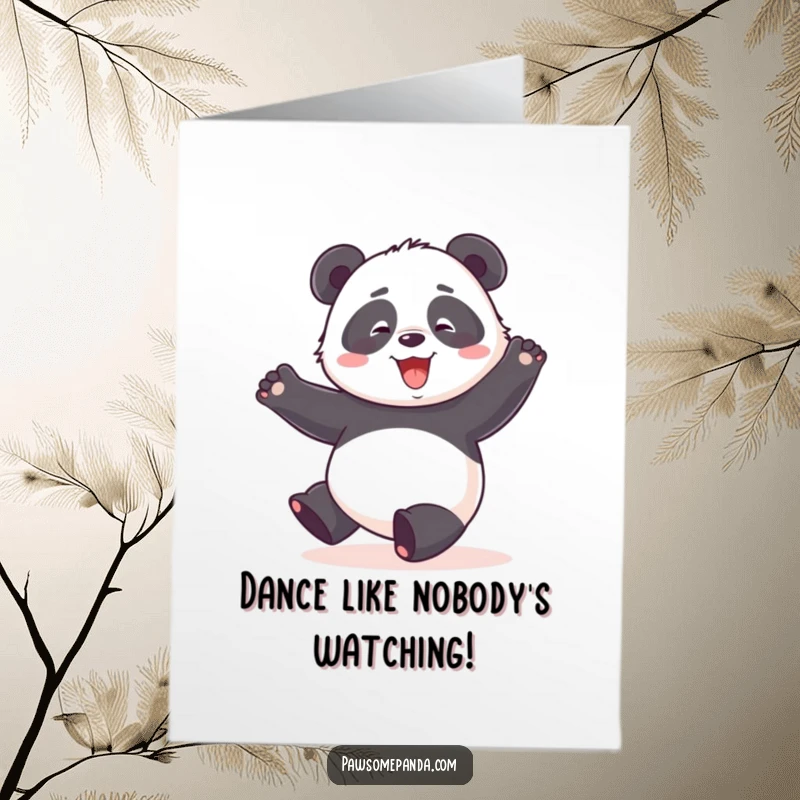 Funny Free Printable Congratulations Card: a panda joyfully dances clumsily with arms flailing in the air.