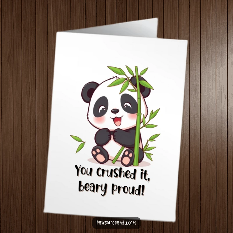 Funny Free Printable Congrats Card: A contented panda character happily munching bamboo, celebrating a successful milestone.