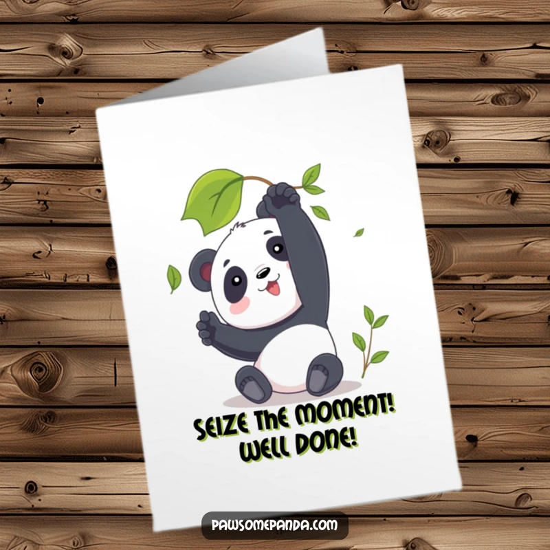 Funny Free Printable Congratulations Card with a panda reaching for a falling leaf, symbolizing new opportunities.
