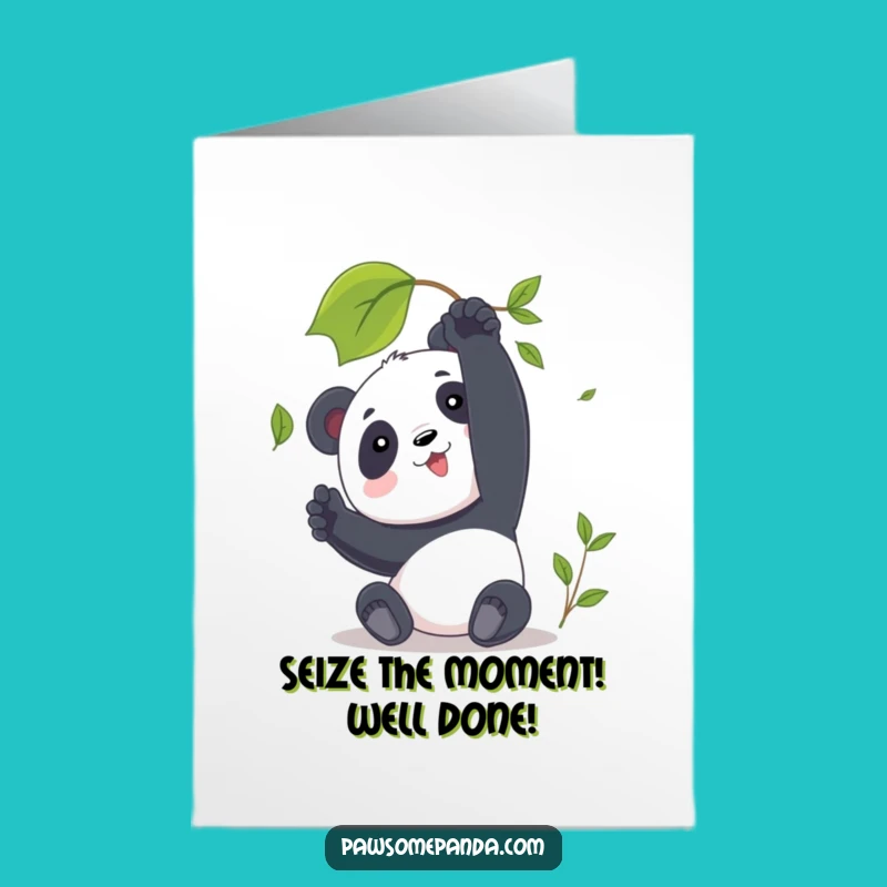 Free Printable Panda Congrats Card: Leaf Chase Funny Downloadable Gift for New Beginnings