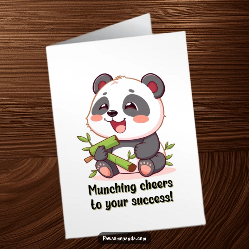 Funny free printable congratulations card featuring a kawaii panda cub gleefully munching happily on a bamboo snack.