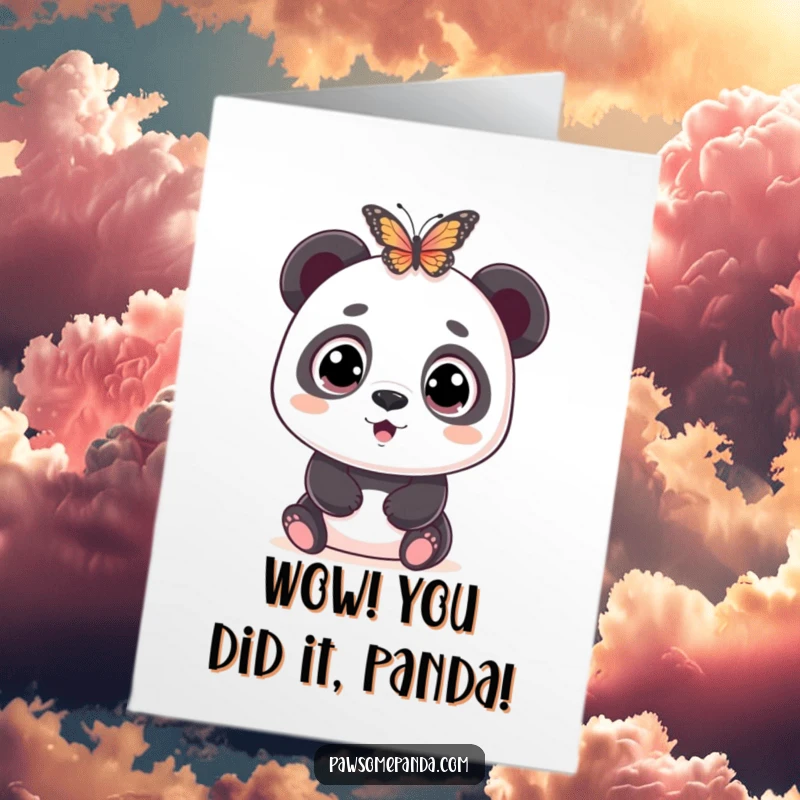 Funny Free Printable Congratulations Card: A panda's eyes are wide with shock at an unexpected butterfly, symbolizing surprising news.