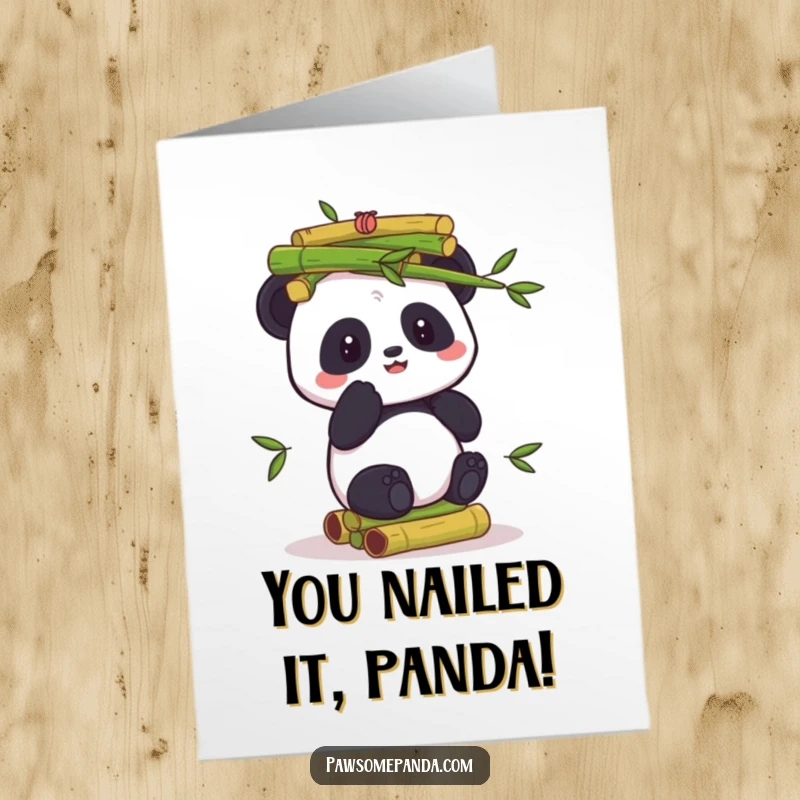 Funny Free Printable Congratulations Card: A panda is shown balancing a precarious stack of bamboo shoots, representing a successful feat.