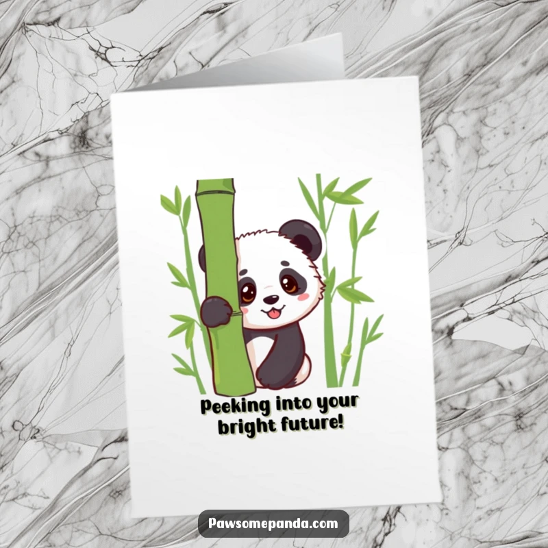 Funny free printable congratulations card showing a cute kawaii panda cub peeking shyly from behind a bamboo stalk.
