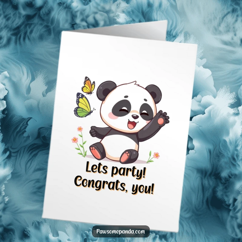 Funny Free Printable Congratulations Card: A panda playfully reaches for a butterfly, symbolizing joyful pursuit and happy moments.