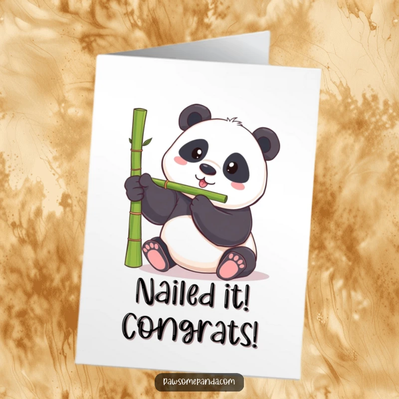 Funny Free Printable Congratulations Card: Determined chubby panda bear concentrating hard to balance a bamboo shoot perfectly on its nose.