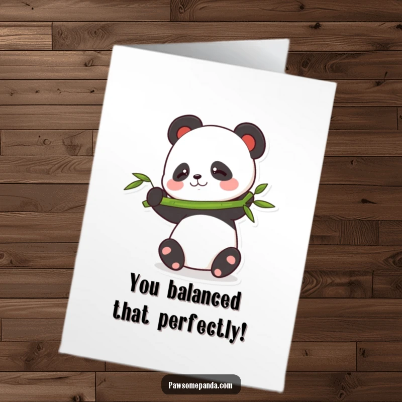 Funny free printable congratulations card showing a panda struggling playfully to balance a large bamboo stalk, celebrating success.