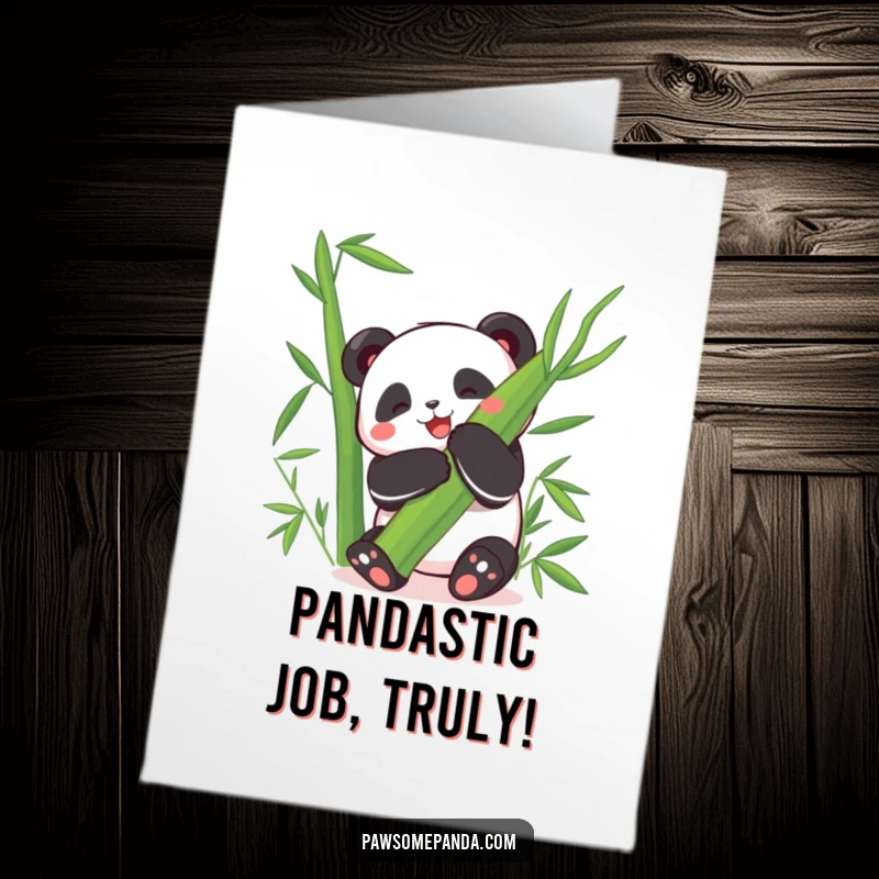Funny Free Printable Congratulations Card: Happy panda hugging bamboo, conveying congratulations with pure joy and humor.