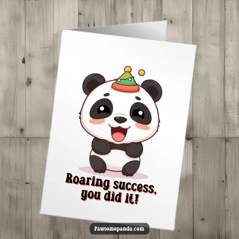 Funny Free Printable Congratulations Card: A stocky panda lets out a festive roar, his party hat slightly askew, celebrating achievement.