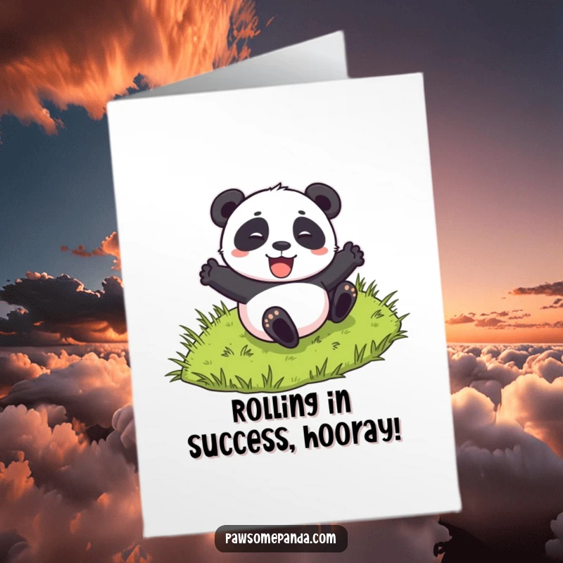 Funny Free Printable Congrats Card: A panda character joyfully tumbling down a grassy slope with excitement.