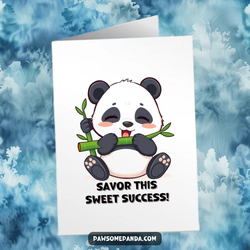 Funny Free Printable Congratulations Card: A content panda enjoys a bamboo shoot with eyes closed, embodying peaceful celebration.