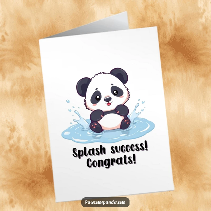 Funny Free Printable Congrats Card: Kawaii panda cub playfully splashing in a small puddle, creating joyful water sprays.