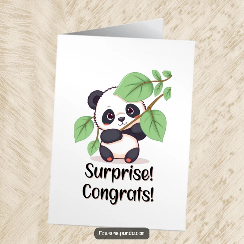 Funny Free Printable Congratulations Card: An inquisitive panda bear with wide eyes, peeking out from behind a giant, lush leaf.