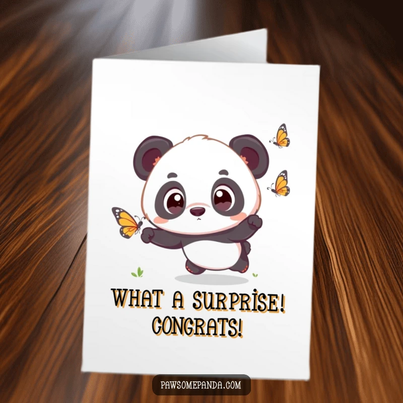 Funny Free Printable Congrats Card: Kawaii panda cub with wide, surprised eyes, joyfully chasing a butterfly.