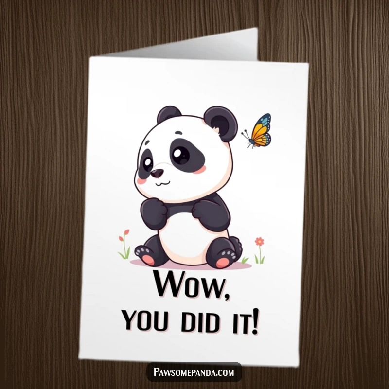 Funny Free Printable Congratulations Card: a cute panda tilts its head, observing a delicate butterfly.