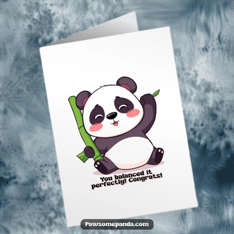 Funny Free Printable Congrats Card: Kawaii panda bear comically trying to balance a large bamboo stalk, focused effort.