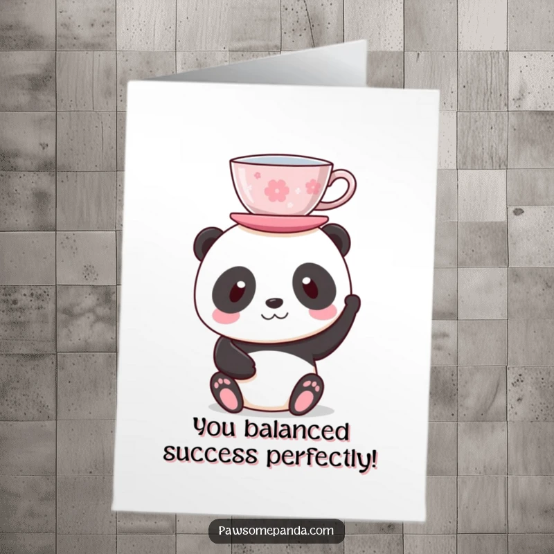 Funny Free Printable Congratulations Card: A panda demonstrates impressive balance, holding a teacup steady atop its head.
