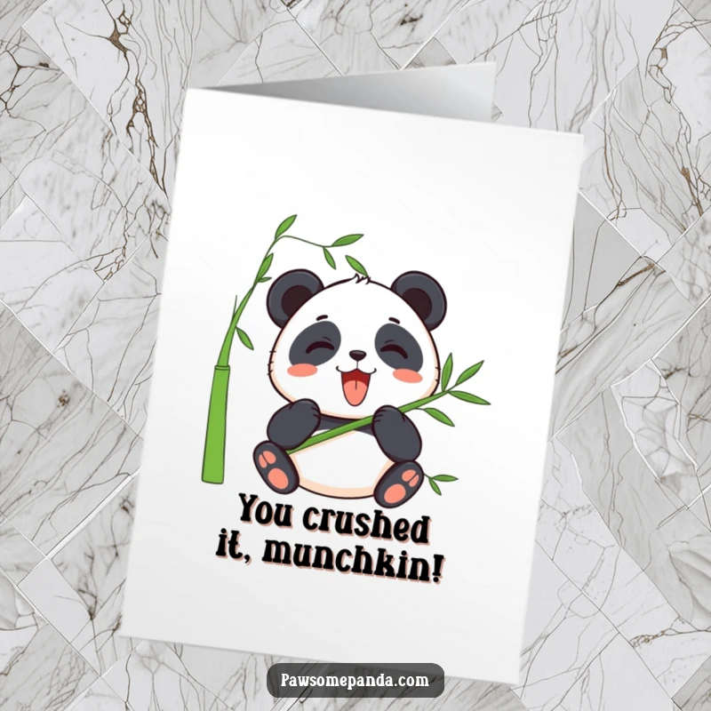 Kawaii Free Printable Congratulations Card: A cheerful panda blissfully munching on fresh bamboo, celebrating your win.
