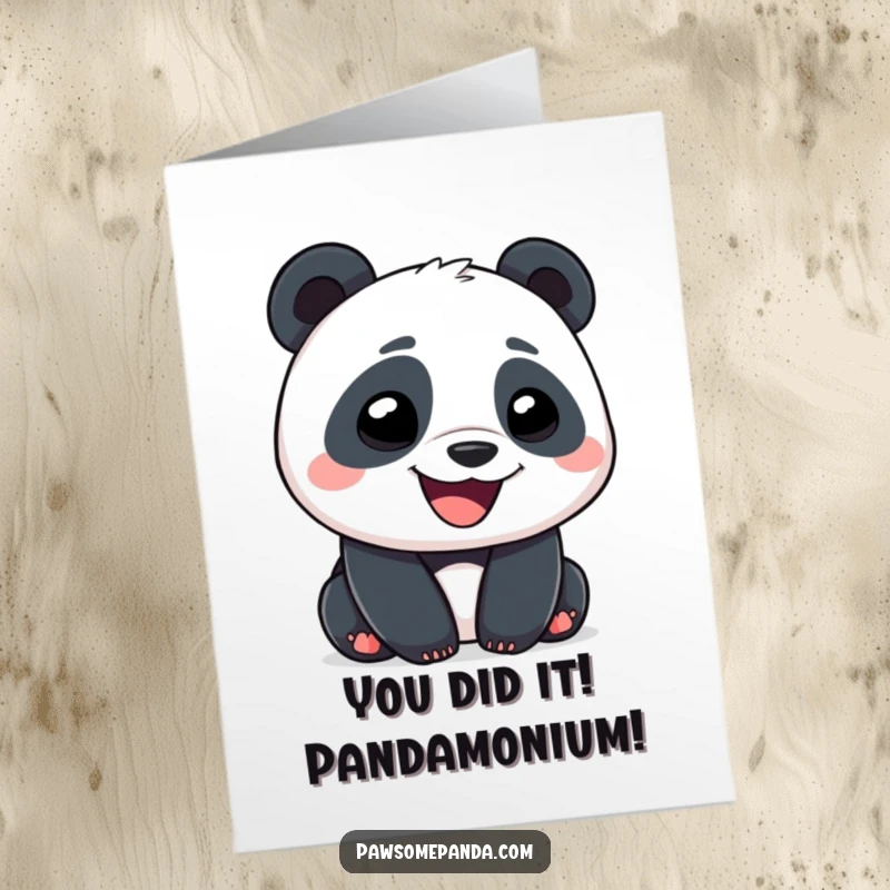 Funny Free Printable Congratulations Card showcasing a panda with a massive, infectious goofy grin, celebrating your win.