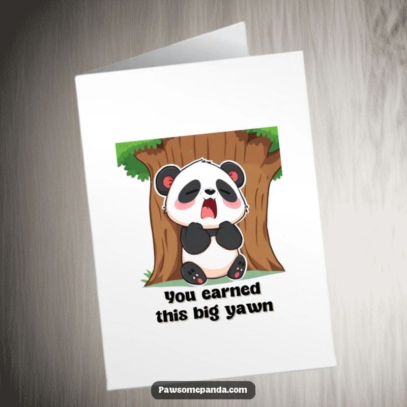 Funny Free Printable Congrats Card: Sleepy panda yawning against a tree, symbolizing a well-deserved, relaxed moment of success.