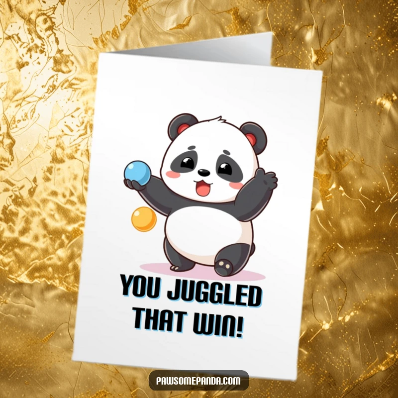 Funny free printable congratulations card: chubby panda excitedly juggling balls, celebrating a win with a surprised smile.