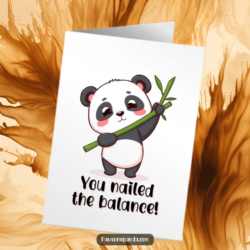 Funny Free Printable Congratulations Card: a panda intently balancing a huge bamboo stalk, showing great focus.