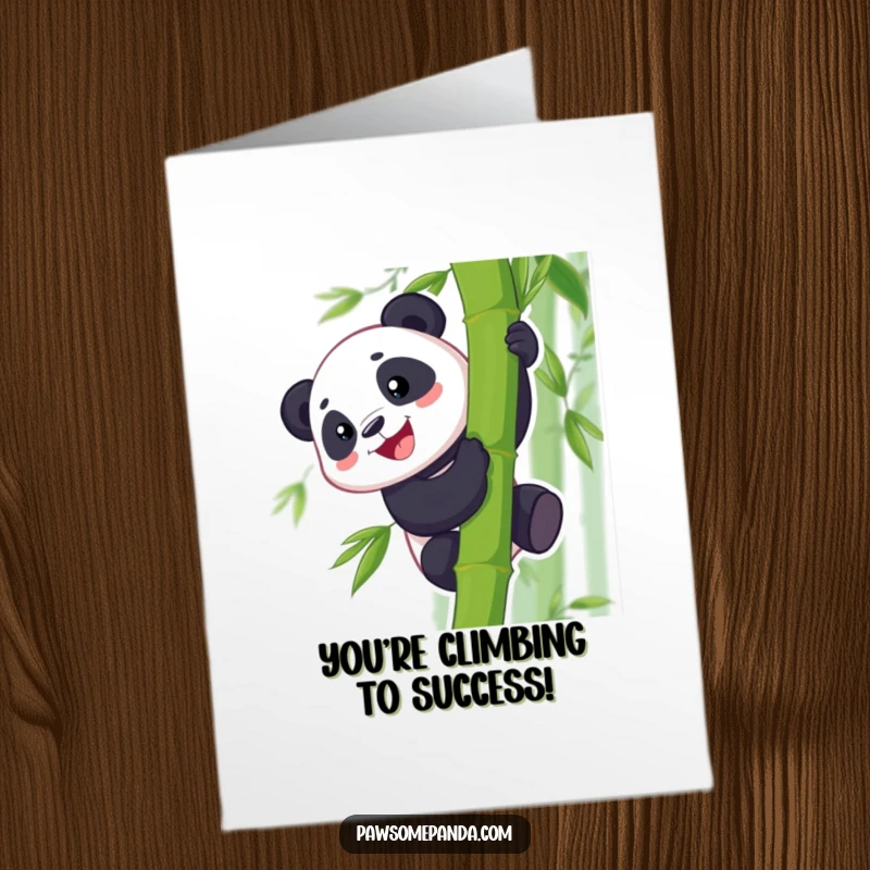 Funny Free Printable Congratulations Card: A happy panda character grinning as it climbs a bamboo stalk, signifying success.