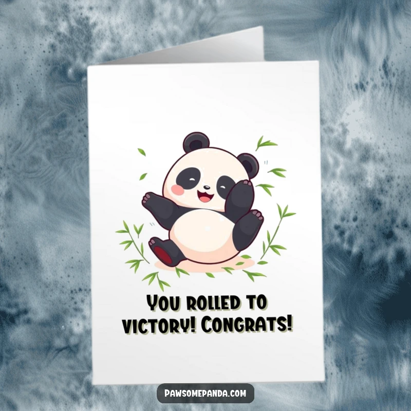 Funny Free Printable Congratulations Card: A round panda character is captured mid-somersault with bamboo leaves flying.