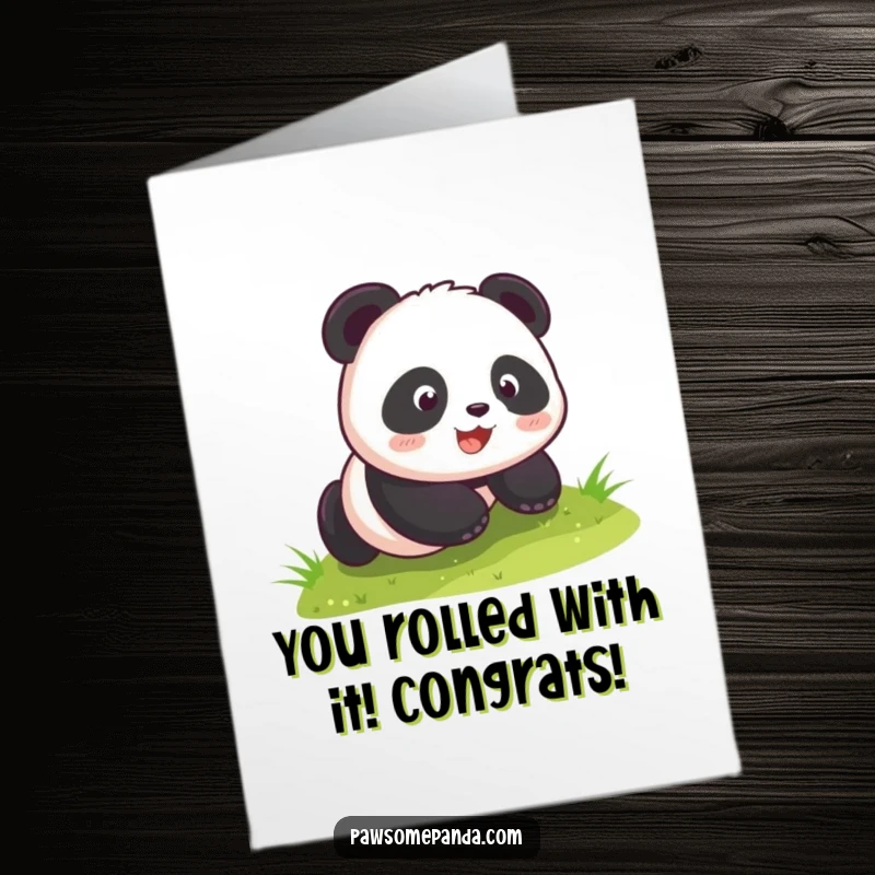 Funny Free Printable Congrats Card: Kawaii panda cub gleefully rolling down a grassy hill, pure celebration.