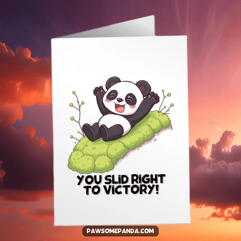 Funny Free Printable Congratulations Card: A grinning panda slides down a mossy slope celebrating your awesome achievement.