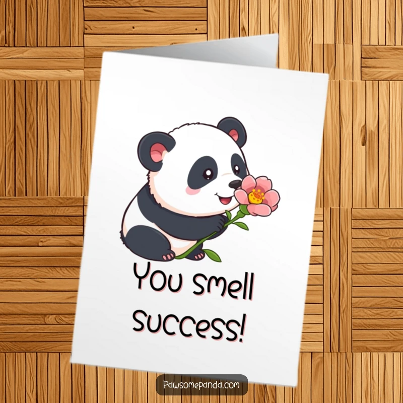 Funny Free Printable Congratulations Card: a panda gently sniffing a colorful flower, ears alert and ears attentive.