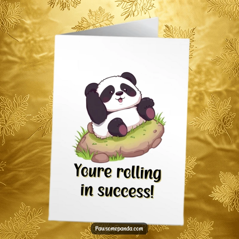 Funny Free Printable Congratulations Card: Curious panda rolling joyfully down a hill, a unique downloadable card for celebrating wins. A real laugh.