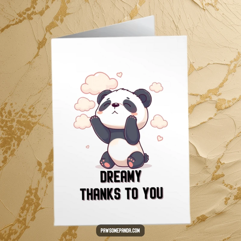 Funny Free Printable Thank You Card: A dreamy panda looking peacefully at fluffy clouds. Gentle and appreciative downloadable message.